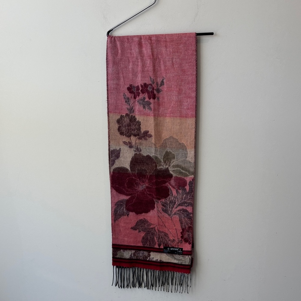 Cashmink Floral Pink and Red Fringed Scarf